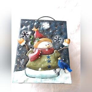 Cute Kohl's Snowman Luminary Tealight Votive Holder Christmas Metal Blue Painted